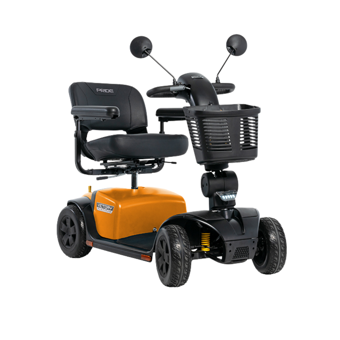 Pride Victory Platinum scooter in Tangerine orange with EZ Turn® technology, ergonomic controls, front basket, and smooth indoor-outdoor performance.