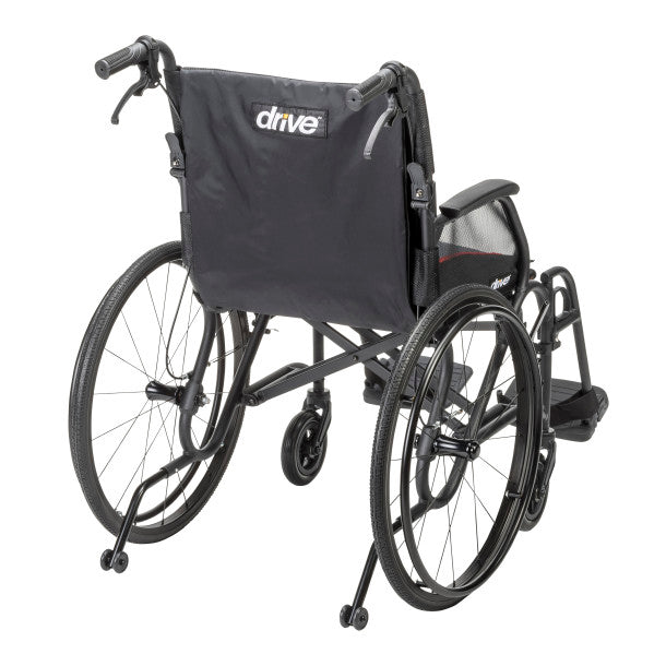 Rear view of AeroFly Ultra Lite Wheelchair showing lightweight black frame, push handles, and Drive logo on backrest.