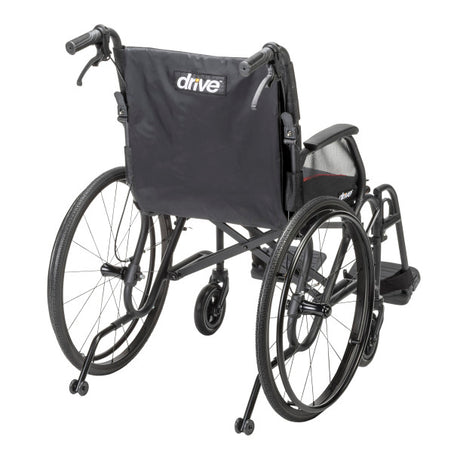 Rear view of AeroFly Ultra Lite Wheelchair showing lightweight black frame, push handles, and Drive logo on backrest.