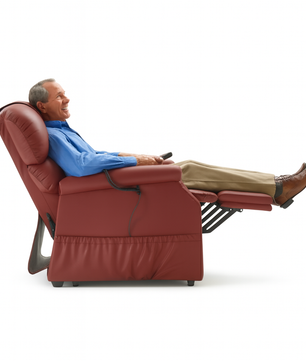 Man relaxing in a red reclining lift chair with feet elevated and remote in hand, demonstrating the comfort and support available with Dahl Medical Supply’s lift chair rentals.