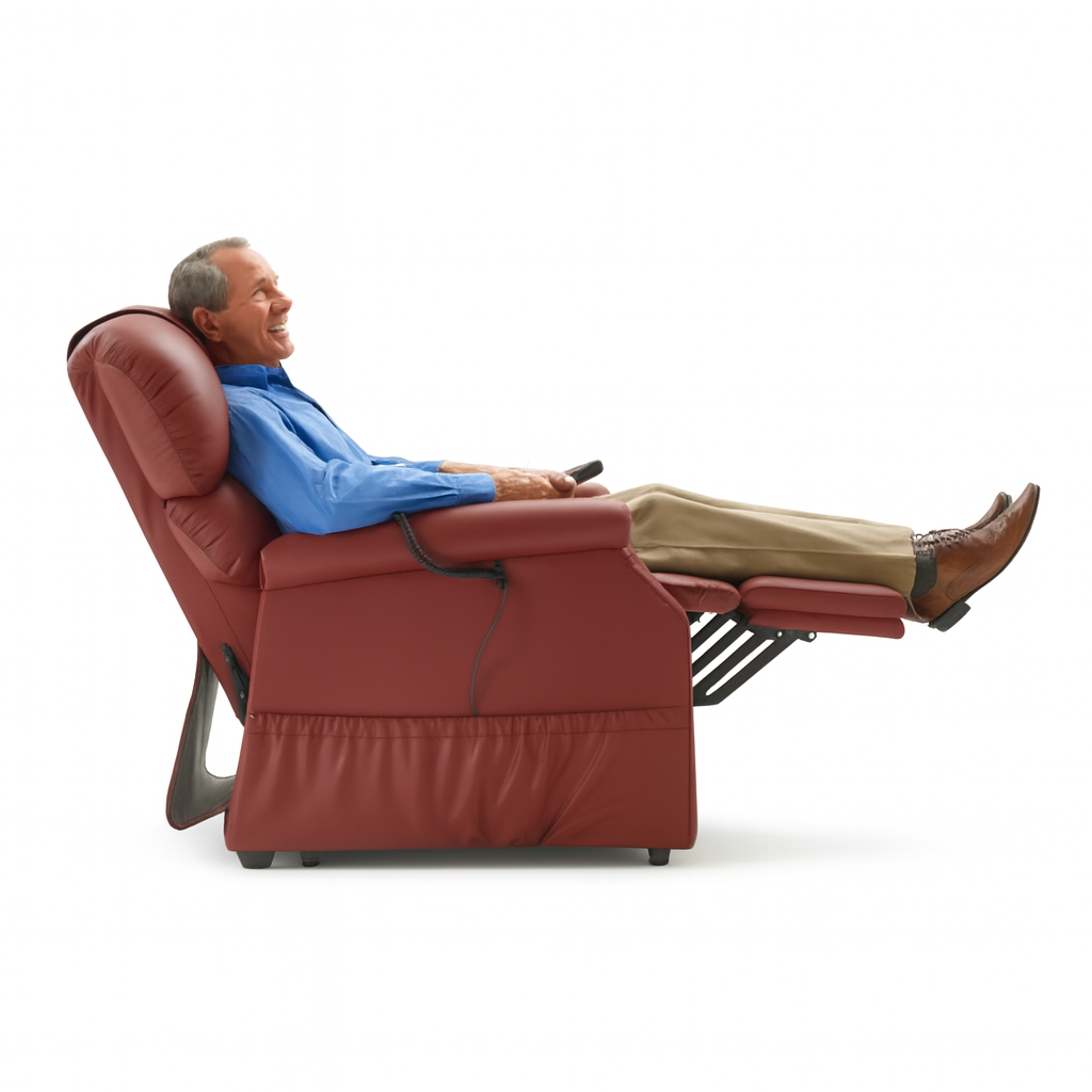 Man relaxing in a red reclining lift chair with feet elevated and remote in hand, demonstrating the comfort and support available with Dahl Medical Supply’s lift chair rentals.