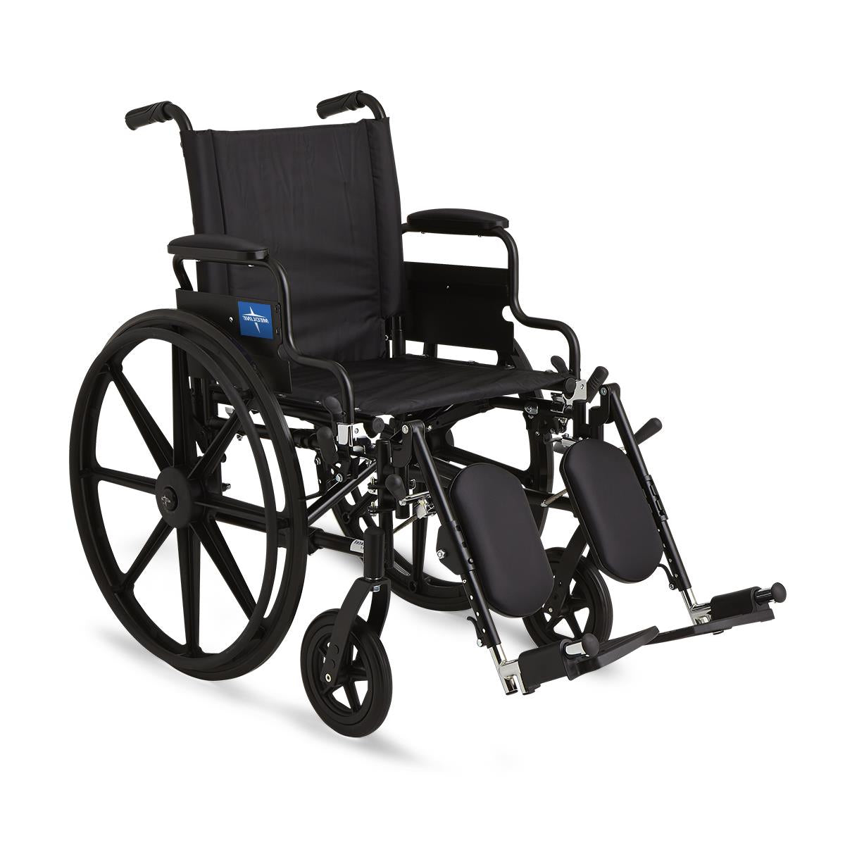 Black reclining wheelchair with large rear wheels, padded leg rests, and adjustable back support. Available for rent from Dahl Medical Supply for added comfort during recovery or long-term care.