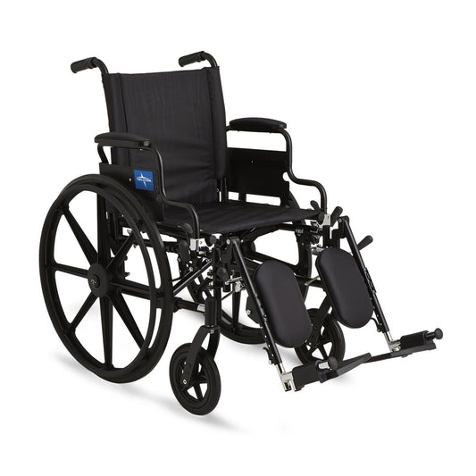 Black reclining wheelchair with large rear wheels, padded leg rests, and adjustable back support. Available for rent from Dahl Medical Supply for added comfort during recovery or long-term care.