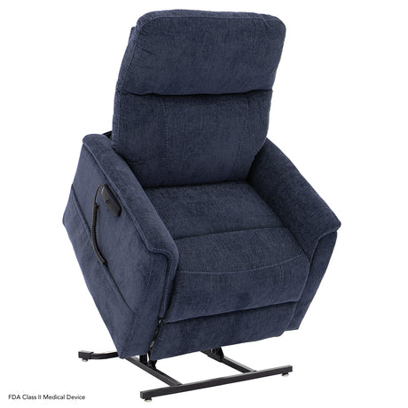 A view of the Sapphire blue chair tilted forward in the lift position to provide maximum support for transitioning to a standing posture.