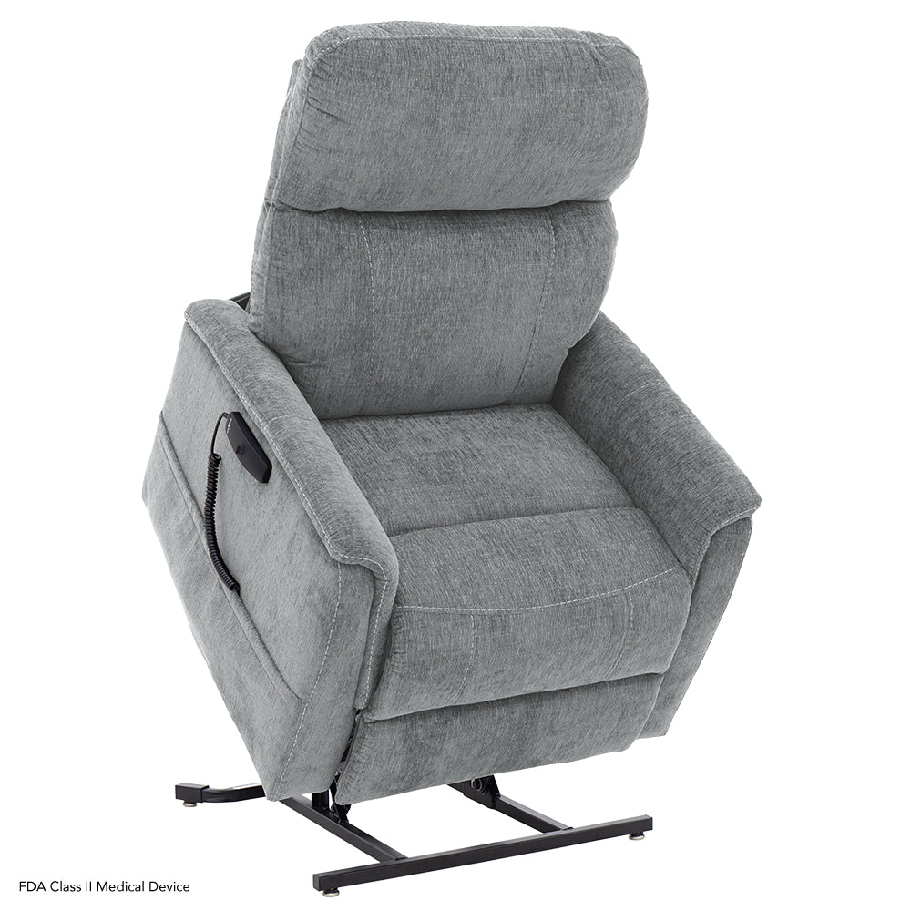 The grey Shale chair shown in the standing assist position, highlighting the heavy-duty steel lift frame and stability.