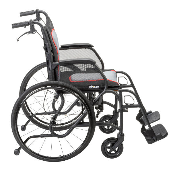 Side view of AeroFly Ultra Lite Wheelchair showing lightweight aluminum frame, padded seat, and swing-away footrests.