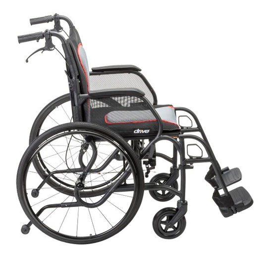 Side view of AeroFly Ultra Lite Wheelchair showing lightweight aluminum frame, padded seat, and swing-away footrests.