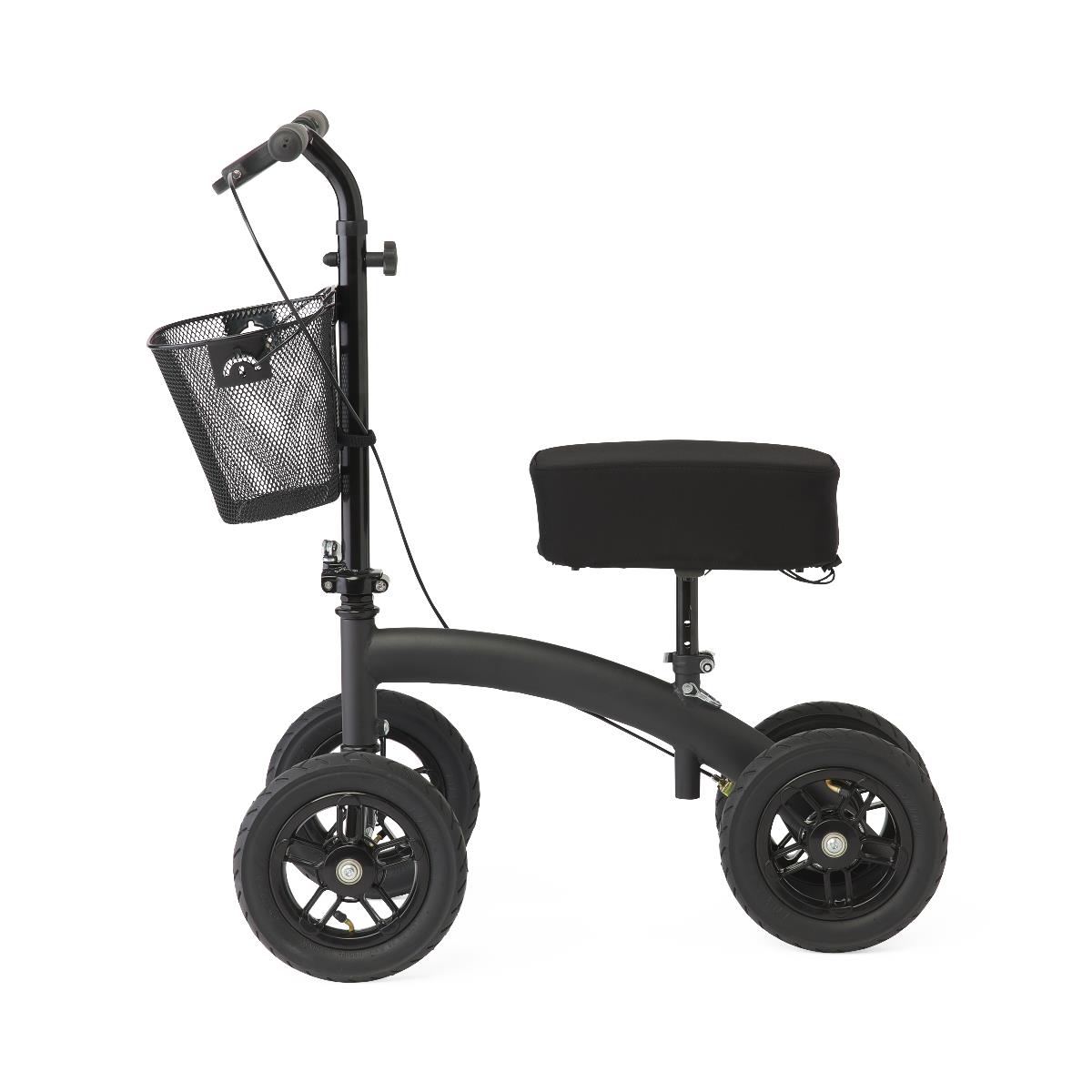 Side profile of Medline All-Terrain Knee Walker featuring four large wheels, padded knee rest, and front basket for carrying personal items.