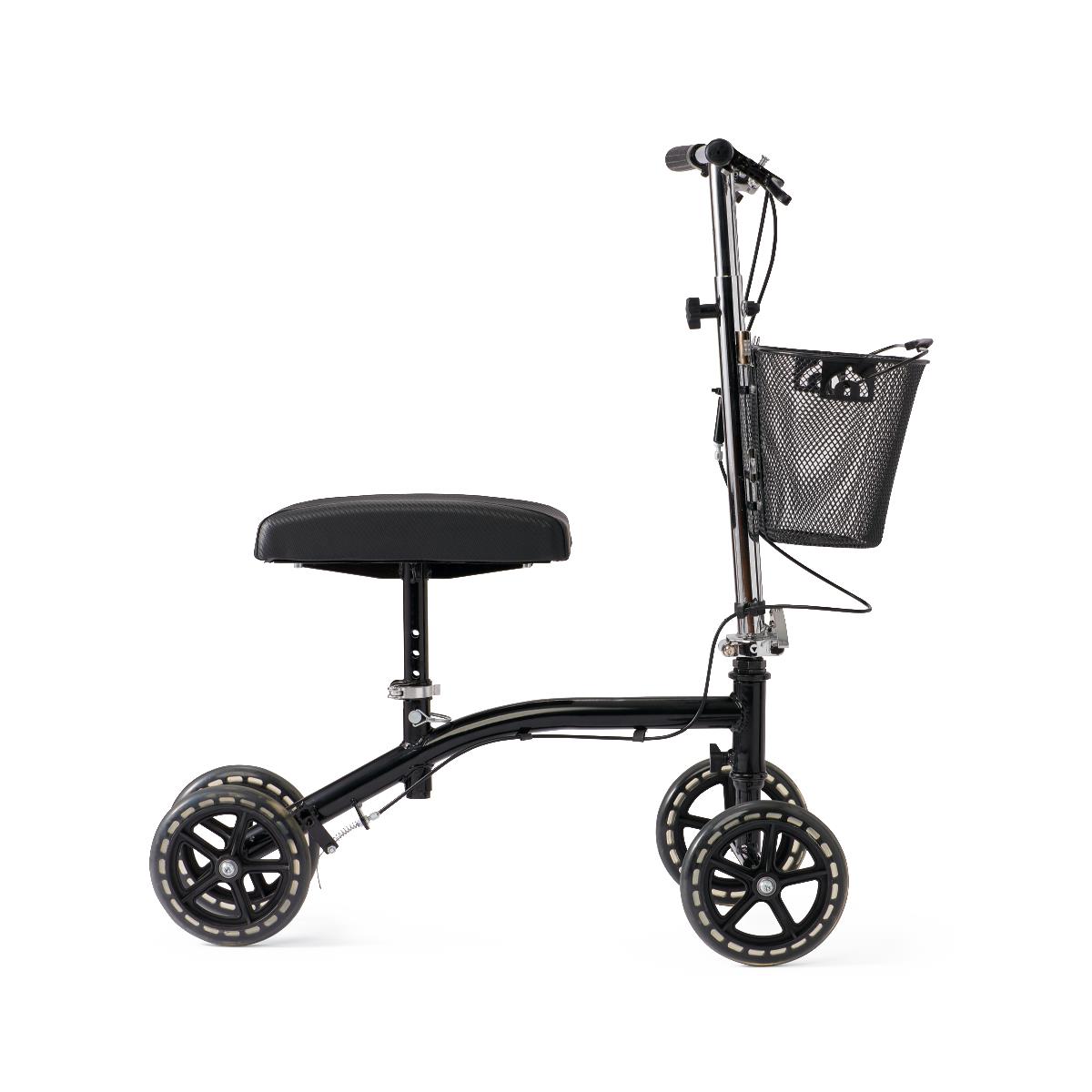 Medline Generation 4 knee walker shown from the side, featuring four wheels, a padded knee platform, foldable handlebar with dual brakes, and a front basket.