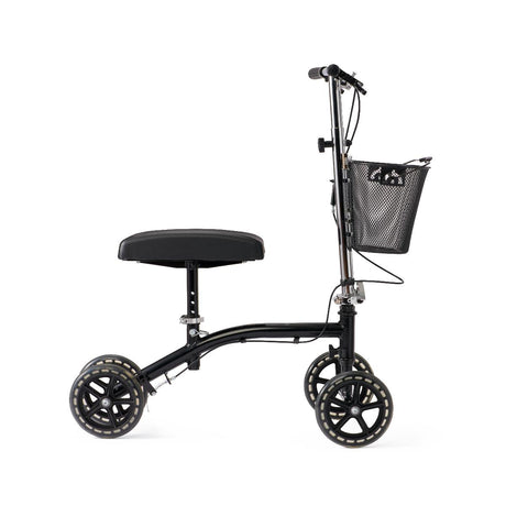 Medline Generation 4 knee walker shown from the side, featuring four wheels, a padded knee platform, foldable handlebar with dual brakes, and a front basket.