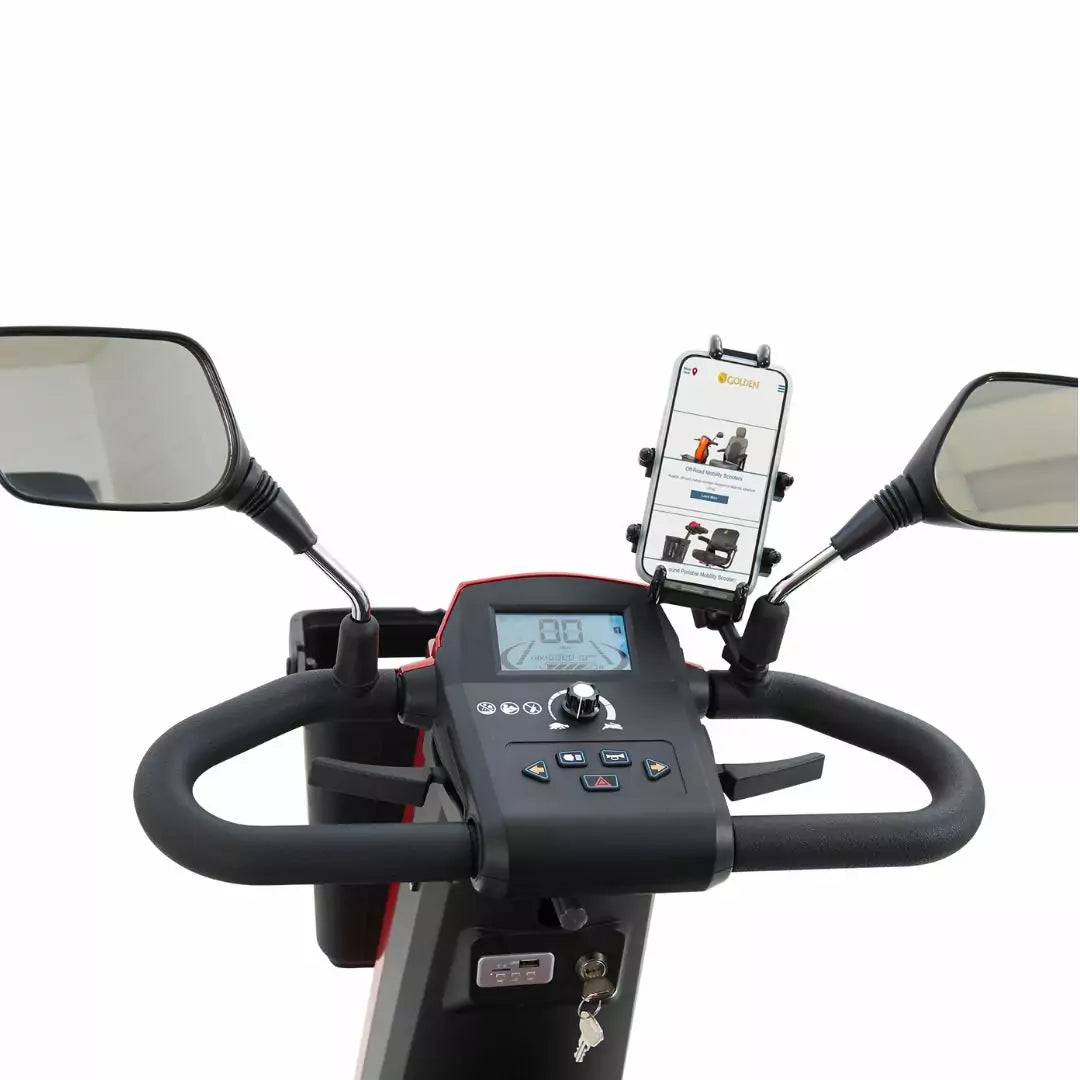 Mobility scooter tiller with large digital display, rear-view mirrors, and a hands-free phone mount designed for accessible operation.