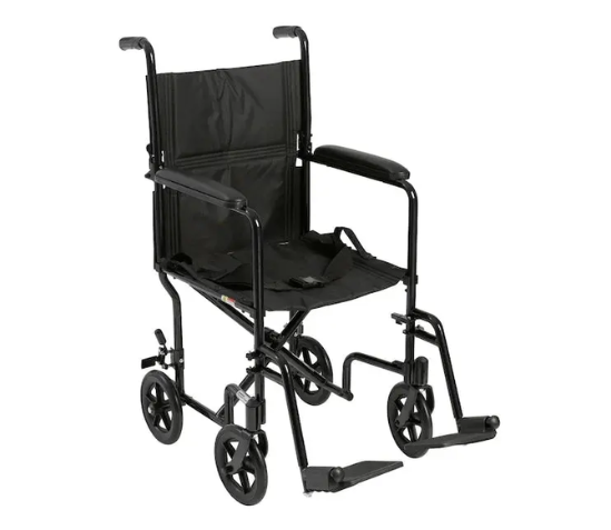 Lightweight black folding transport chair with swing-away footrests, ideal for short-term mobility and post-surgery transport. Available for weekly rental at Dahl Medical Supply in Burnsville, Minnesota.