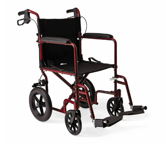 Red lightweight transport chair with large rear wheels, caregiver hand brakes, padded armrests, and swing-away footrests. Available for weekly rental at Dahl Medical Supply in Burnsville, Minnesota.