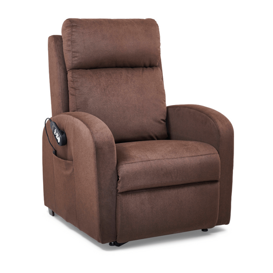 Used Golden Technologies PR763 Infinite Position Recliner in brown fabric shown at Dahl Medical Supply in Burnsville, Minnesota. This power lift chair provides zero-gravity comfort, independent back and footrest control, and smooth lift assistance for easy mobility.