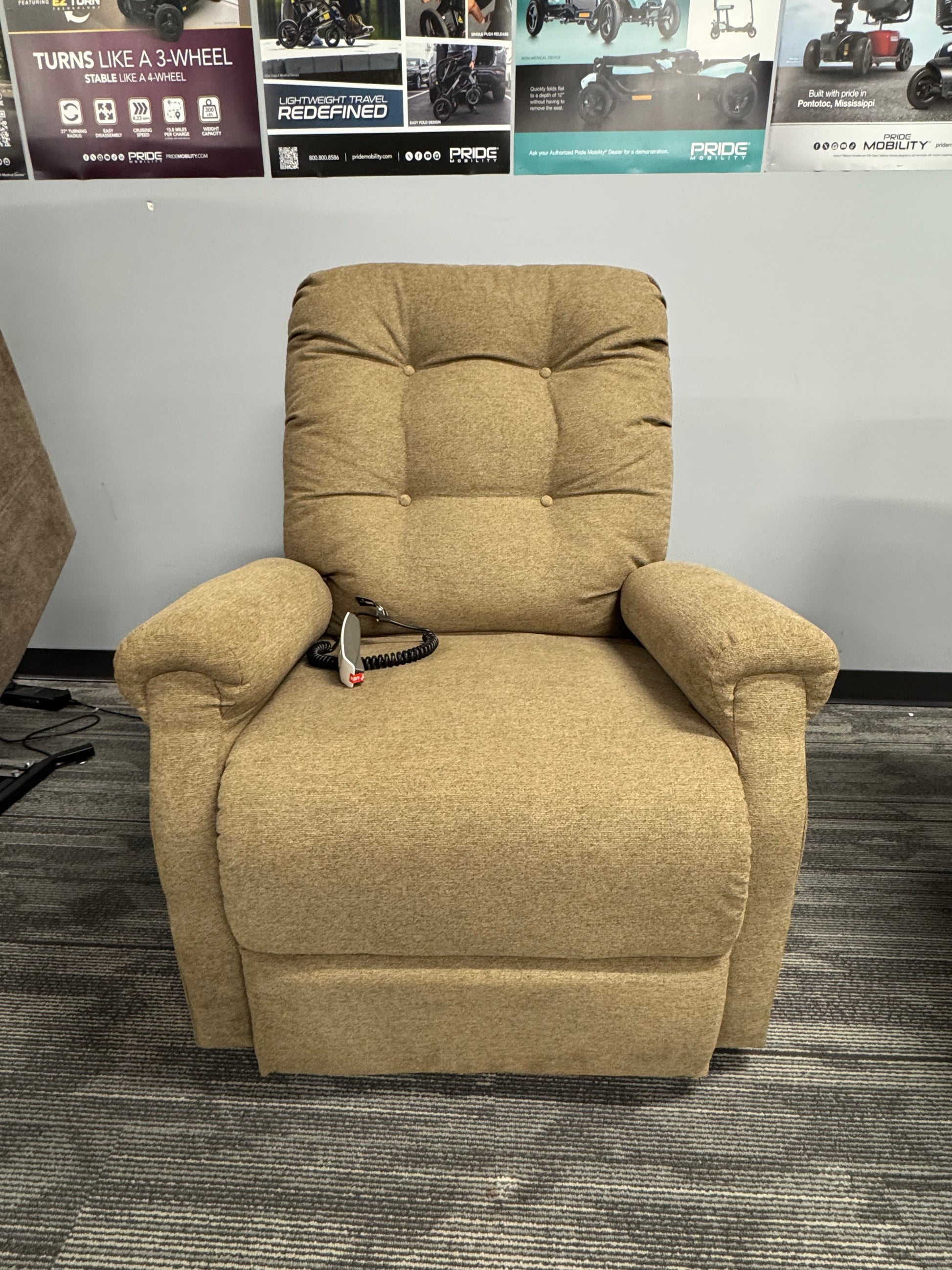 Used Pride MM4001-PTU-A01 lift chair in Tumbleweed brown fabric displayed at Dahl Medical Supply