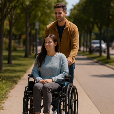 A woman using a standard manual wheelchair is pushed along a sunny sidewalk by a caregiver, showing comfort and mobility support with wheelchair rentals.