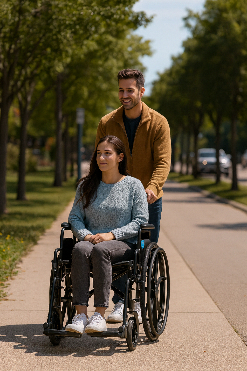 A woman using a standard manual wheelchair is pushed along a sunny sidewalk by a caregiver, showing comfort and mobility support with wheelchair rentals.