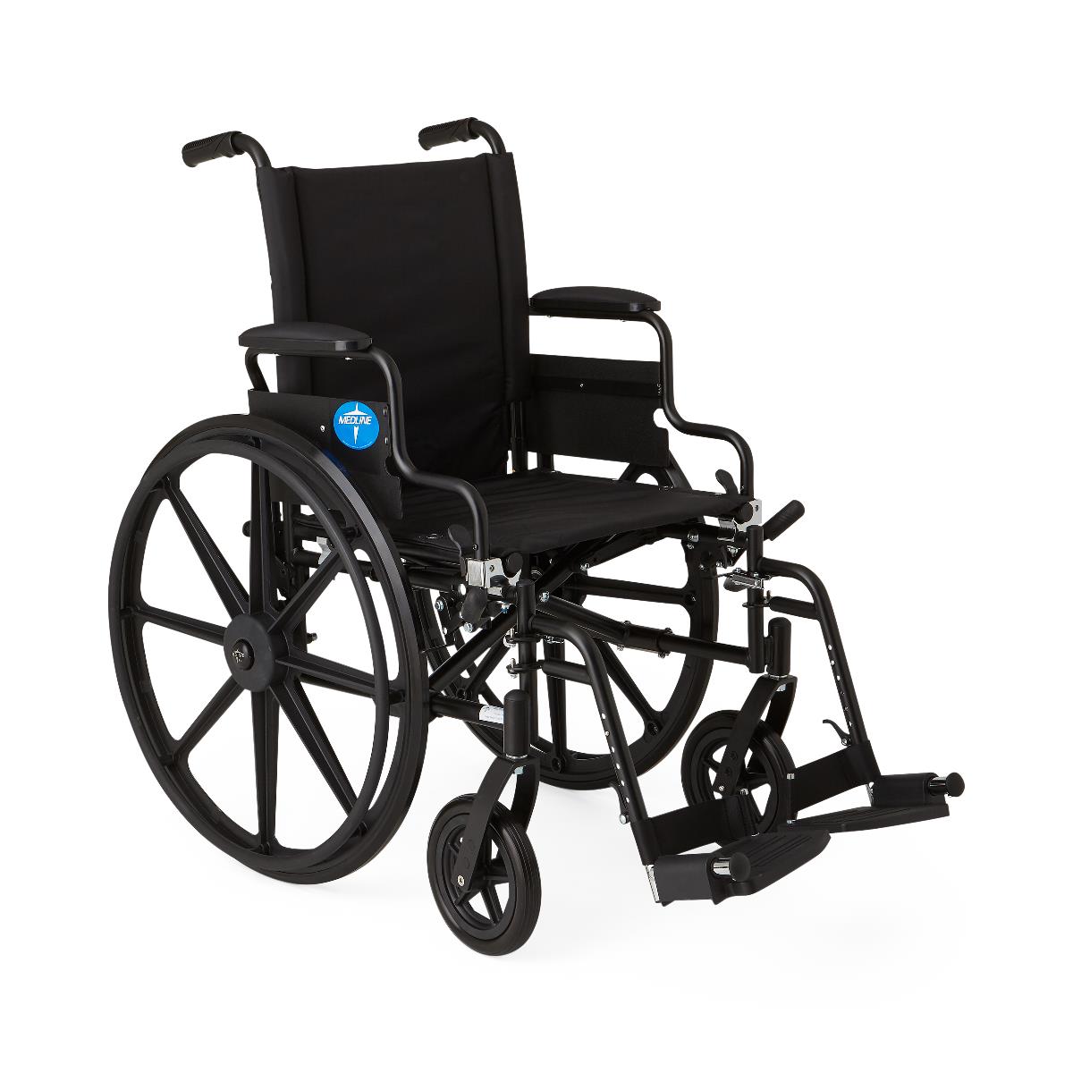 Standard lightweight manual wheelchair available for rent from Dahl Medical Supply. Features a folding frame, large rear wheels, and swing-away footrests for comfort, mobility, and easy transport.