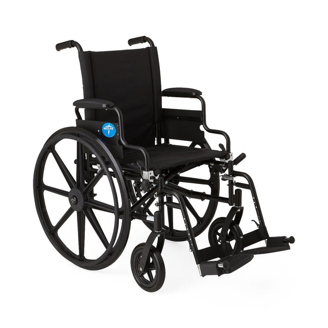 Standard lightweight manual wheelchair available for rent from Dahl Medical Supply. Features a folding frame, large rear wheels, and swing-away footrests for comfort, mobility, and easy transport.