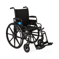 Standard lightweight manual wheelchair available for rent from Dahl Medical Supply. Features a folding frame, large rear wheels, and swing-away footrests for comfort, mobility, and easy transport.