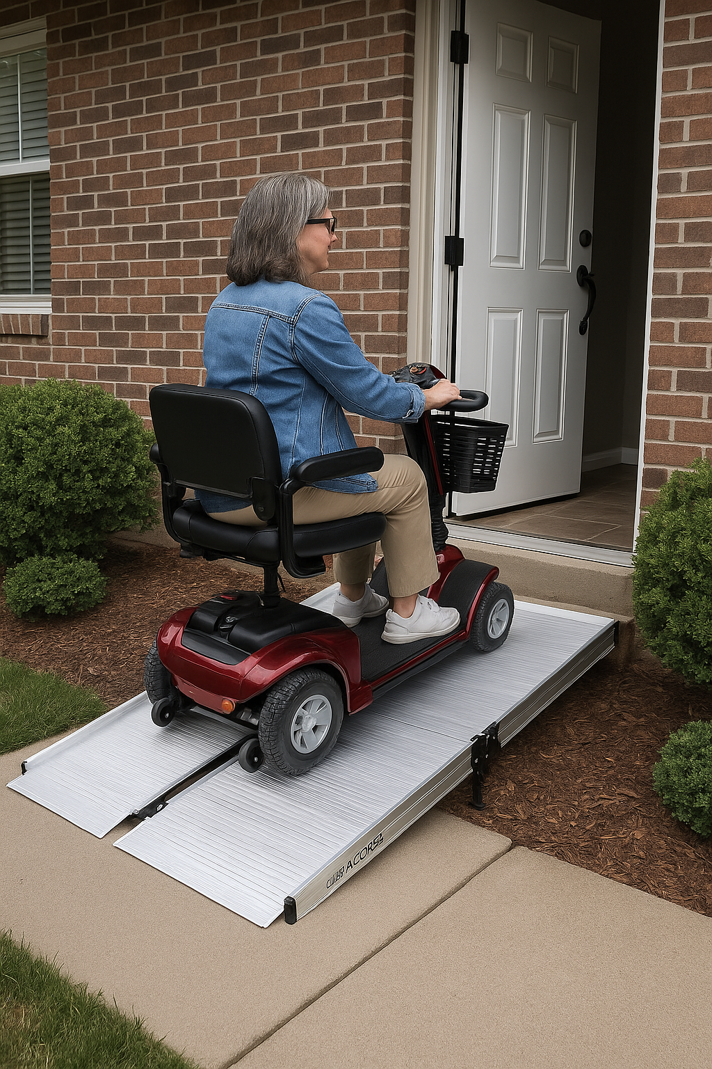 A middle-aged woman on a red mobility scooter safely drives up a folding aluminum ramp into her home, highlighting accessibility and convenience.