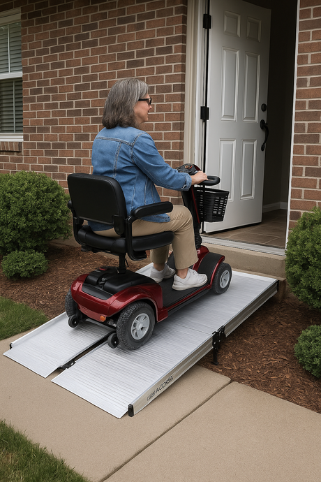 A middle-aged woman on a red mobility scooter safely drives up a folding aluminum ramp into her home, highlighting accessibility and convenience.