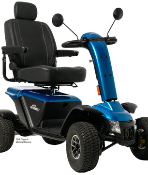 Baja Wrangler® 2 heavy-duty four-wheel mobility scooter with blue body and adjustable captain’s seat