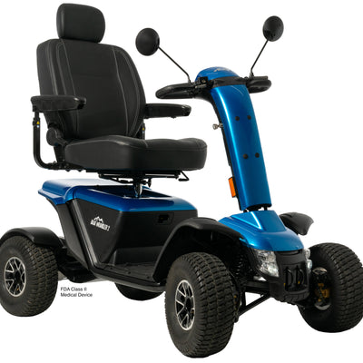 Baja Wrangler® 2 heavy-duty four-wheel mobility scooter with blue body and adjustable captain’s seat