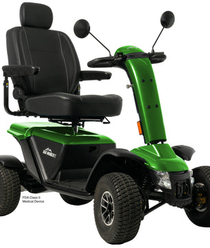 Baja Wrangler® 2 heavy-duty four-wheel mobility scooter with green body and adjustable captain’s seat
