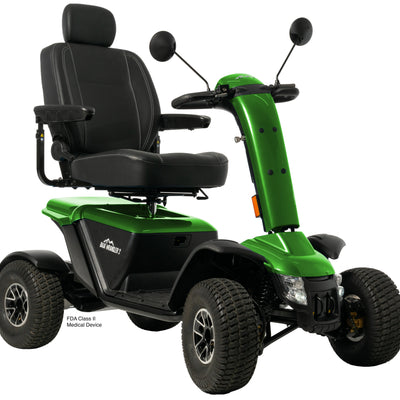 Baja Wrangler® 2 heavy-duty four-wheel mobility scooter with green body and adjustable captain’s seat