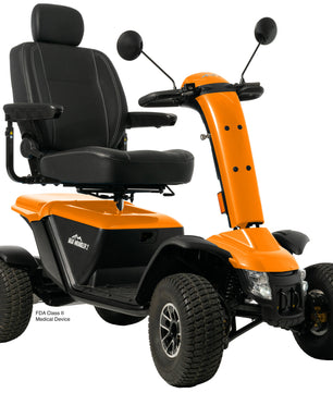 Baja Wrangler® 2 heavy-duty four-wheel mobility scooter with orange body and adjustable captain’s seat