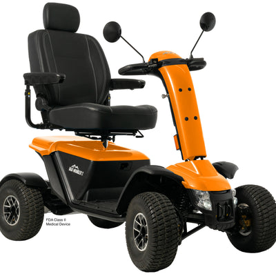 Baja Wrangler® 2 heavy-duty four-wheel mobility scooter with orange body and adjustable captain’s seat