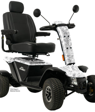 Baja Wrangler® 2 heavy-duty four-wheel mobility scooter with white camouflage body and adjustable captain’s seat