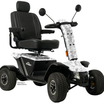 Baja Wrangler® 2 heavy-duty four-wheel mobility scooter with white camouflage body and adjustable captain’s seat