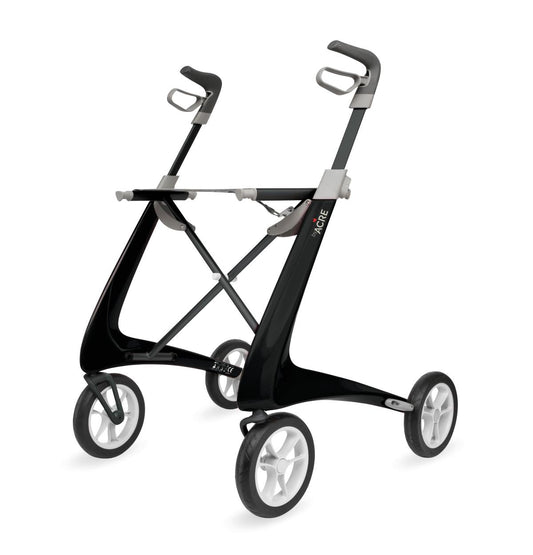 byACRE Ultralight Carbon Fiber Rollator in black with ergonomic handles and lightweight frame, available at Dahl Medical Supply