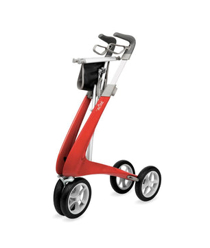 Folded byACRE Ultralight Carbon Fiber Rollator in red, showing compact travel-friendly design, available at Dahl Medical Supply.