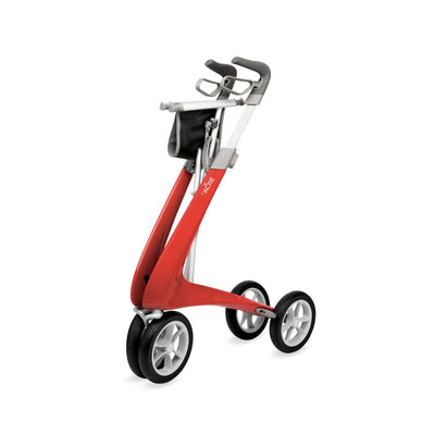 Folded byACRE Ultralight Carbon Fiber Rollator in red, showing compact travel-friendly design, available at Dahl Medical Supply.