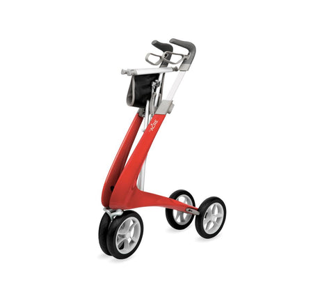 Folded byACRE Ultralight Carbon Fiber Rollator in red, showing compact travel-friendly design, available at Dahl Medical Supply.
