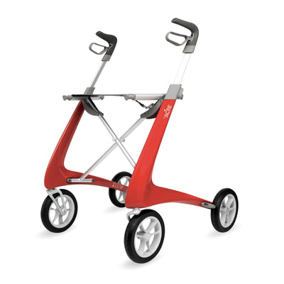 byACRE Ultralight Carbon Fiber Rollator in red with lightweight carbon frame and ergonomic handles, available at Dahl Medical Supply.