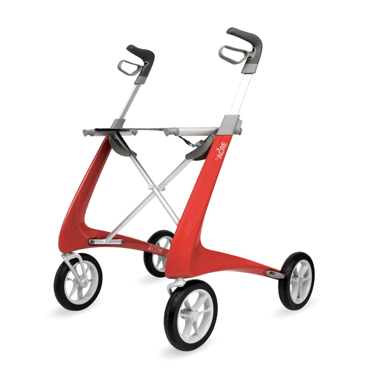 byACRE Ultralight Carbon Fiber Rollator in red with lightweight carbon frame and ergonomic handles, available at Dahl Medical Supply.