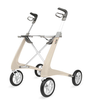 byACRE Ultralight Carbon Fiber Rollator in sand color with lightweight frame and ergonomic handles, available at Dahl Medical Supply.