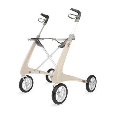byACRE Ultralight Carbon Fiber Rollator in sand color with lightweight frame and ergonomic handles, available at Dahl Medical Supply.