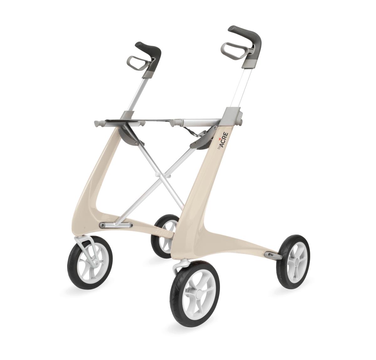 byACRE Ultralight Carbon Fiber Rollator in sand color with lightweight frame and ergonomic handles, available at Dahl Medical Supply.