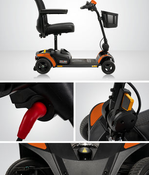 Mobility scooter with chair attachment on a gray background, featuring 'Proudly Made in America' text.