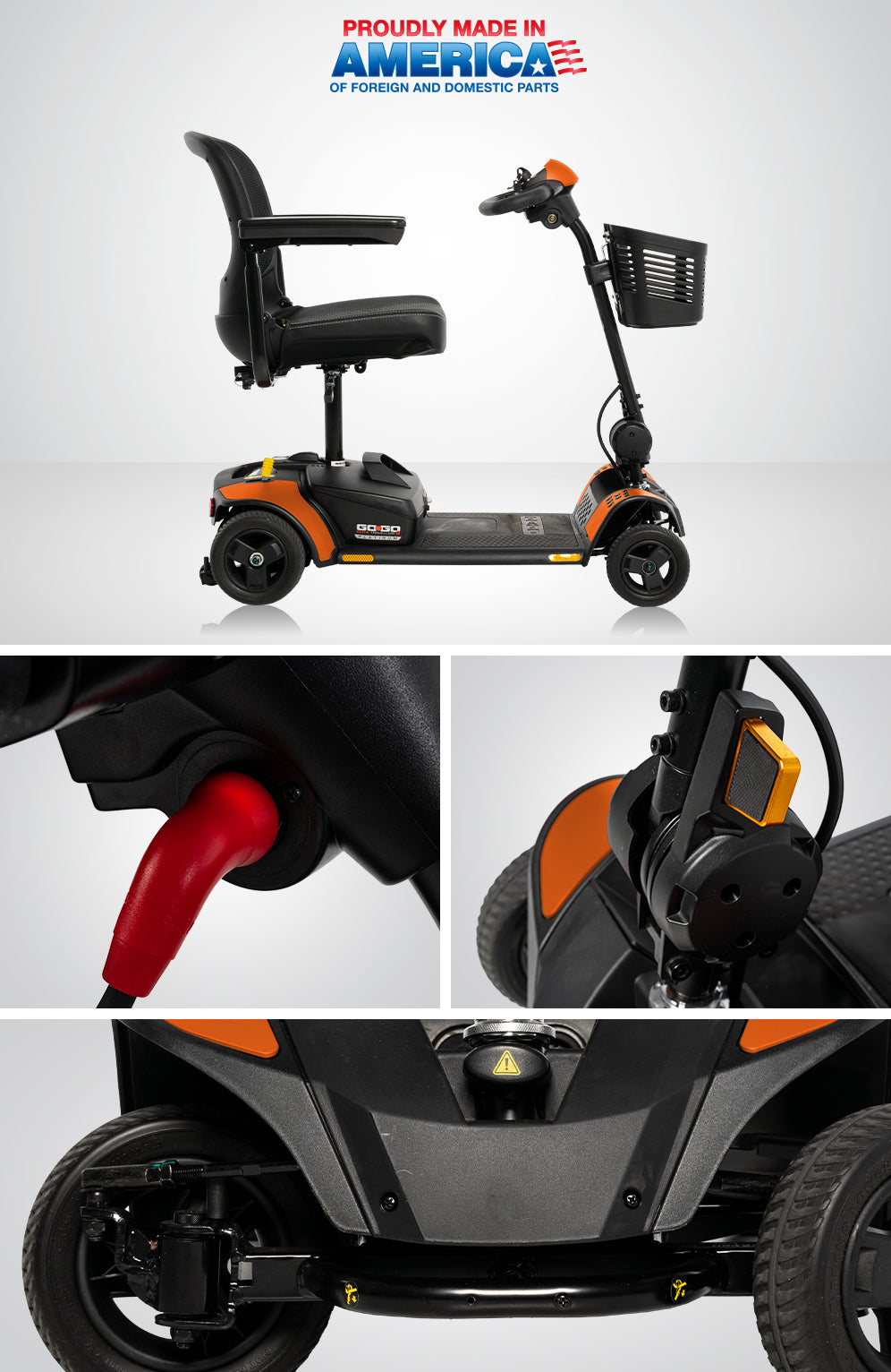 Mobility scooter with chair attachment on a gray background, featuring 'Proudly Made in America' text.