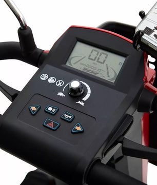 Mobility scooter control panel with large digital display, tactile buttons, and easy-reach speed control designed for accessible operation.