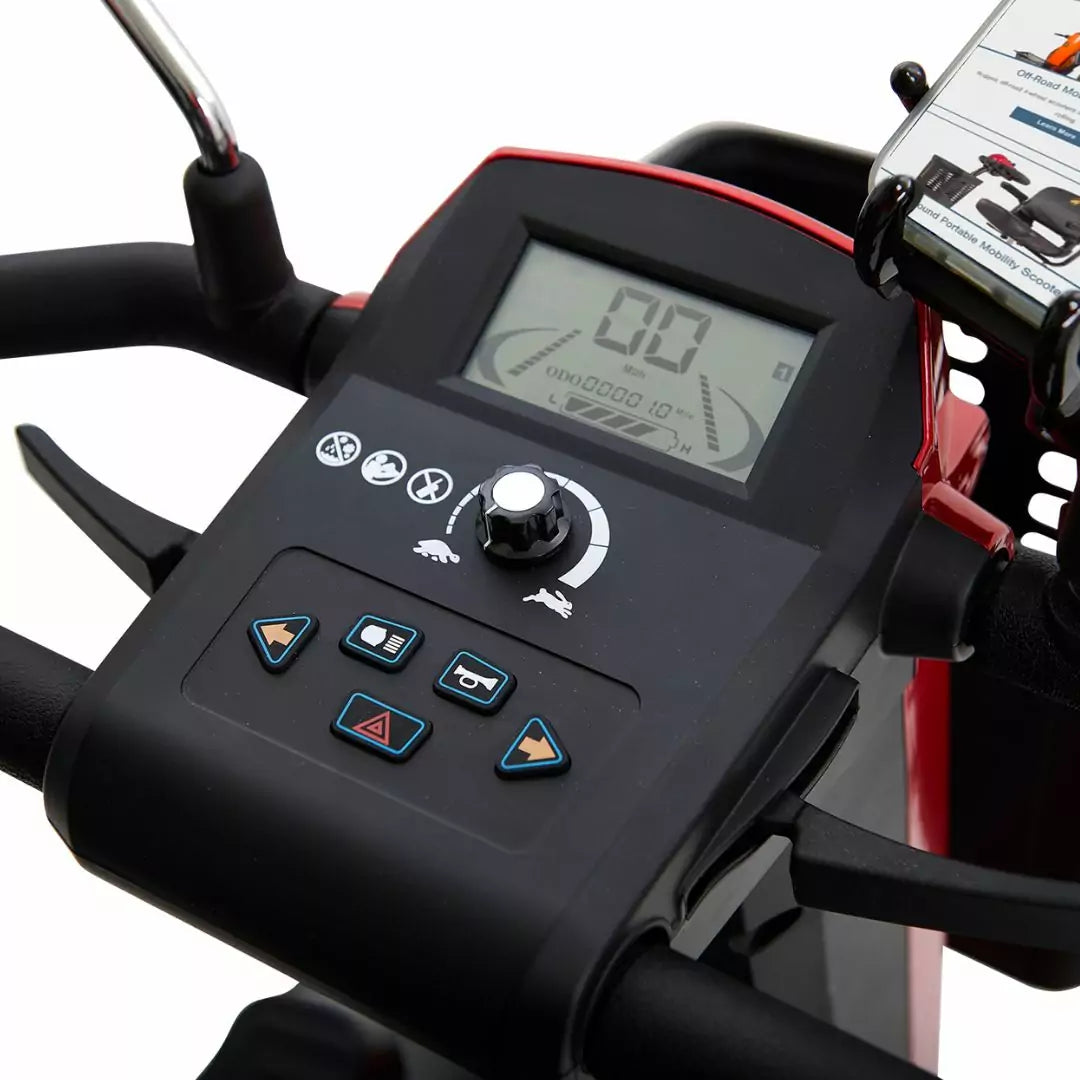 Mobility scooter control panel with large digital display, tactile buttons, and easy-reach speed control designed for accessible operation.