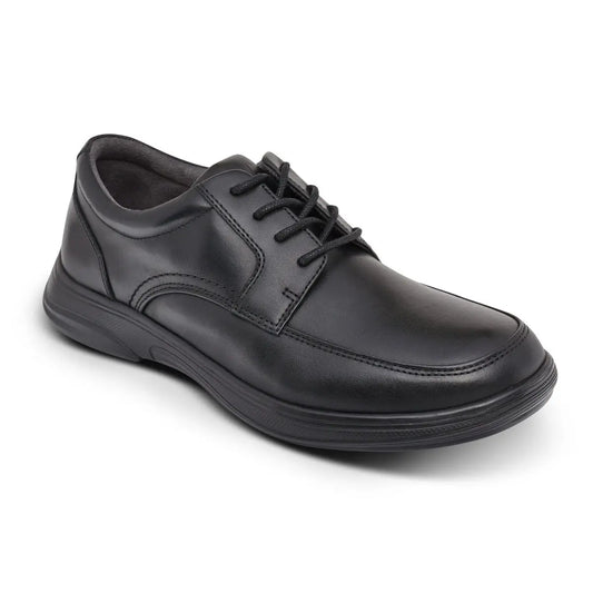 Side view of Anodyne No. 12 black diabetic casual shoe featuring a secure hook-and-loop strap, moccasin-style stitching, and a cushioned sole for all-day comfort and support.