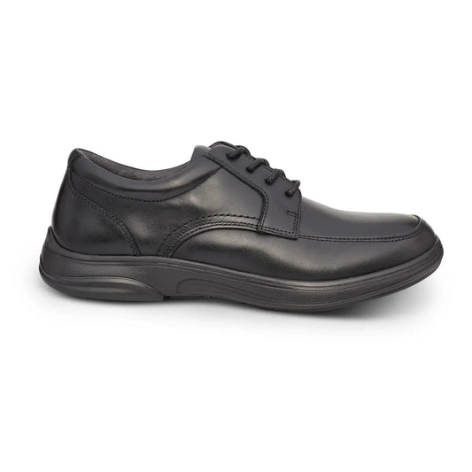Anodyne No. 12 black diabetic casual shoe featuring a secure hook-and-loop strap, moccasin-style stitching, and a cushioned sole for all-day comfort and support.