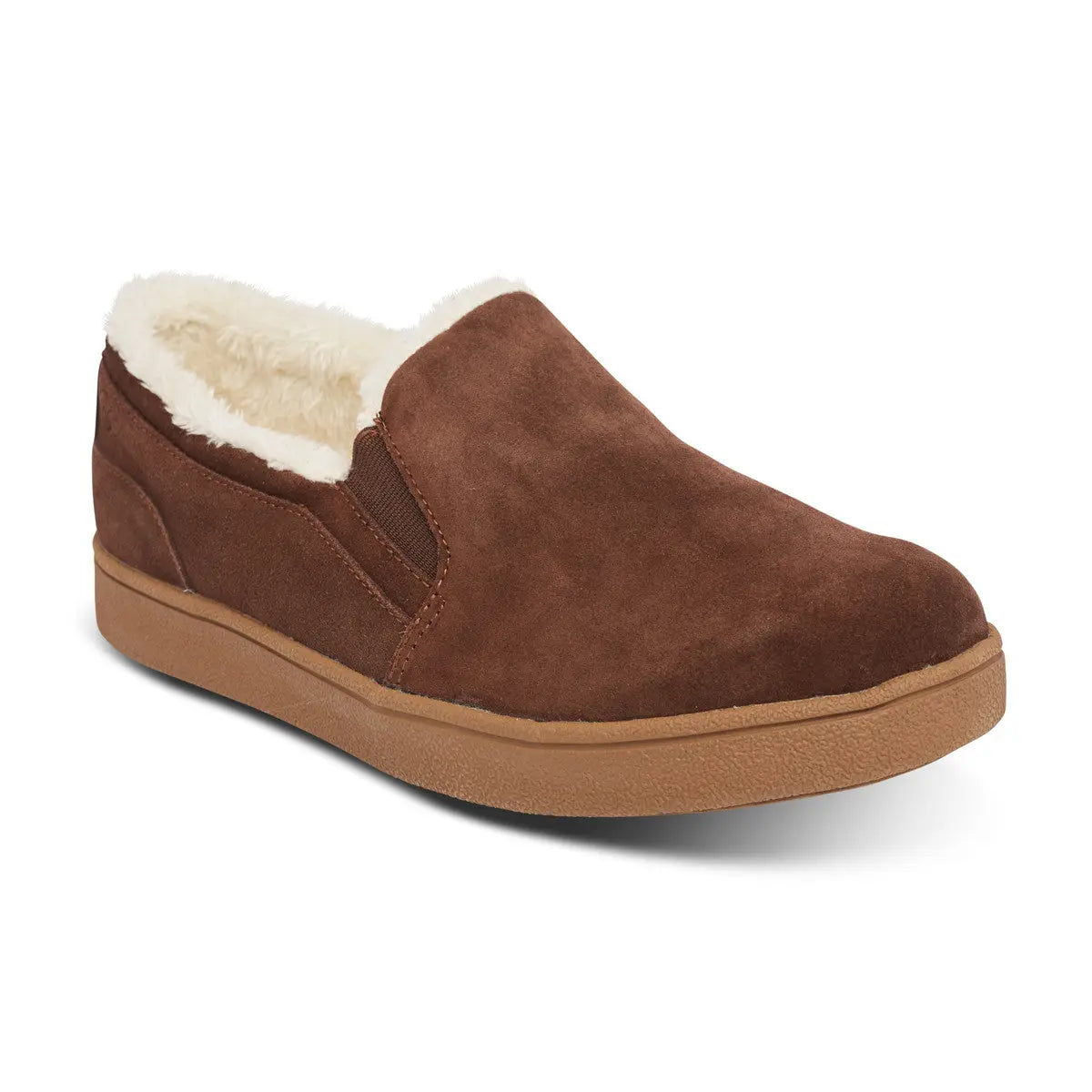 Angled view of the Anodyne No. 18 slipper in rich espresso brown with a plush white lining and cushioned tan sole, offering warmth and all-day comfort.